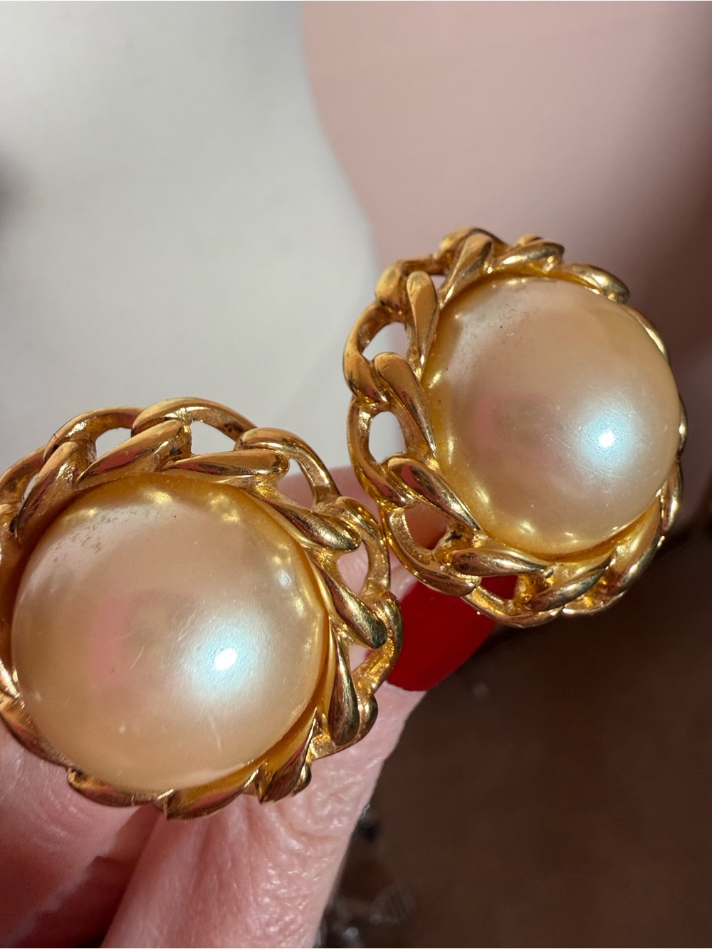 Richelieu Vintage 1990’s Huge oversized Faux Pearl clip Gold chain Earrings